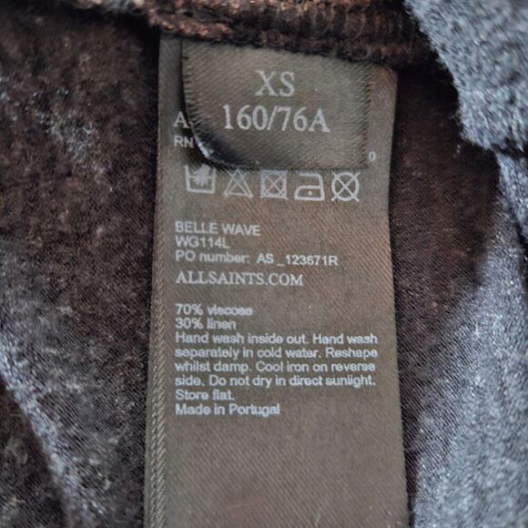 Allsaints Top XS Asymmetrical Bell Wave Black Graphic Draped Grunge Avant Garde - Picture 15 of 15